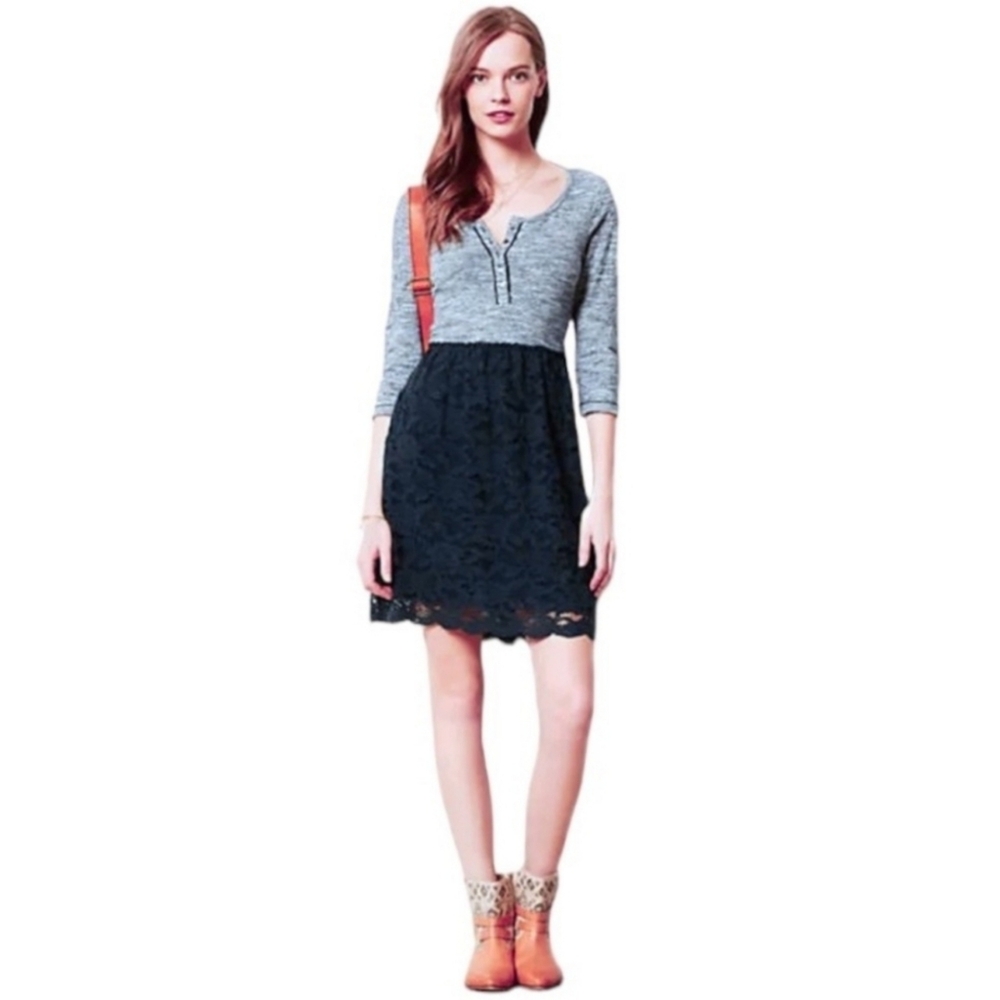 Anthropologie Lilka Marya Dress | Size L | Navy Lace Overlay Skirt Striped Top